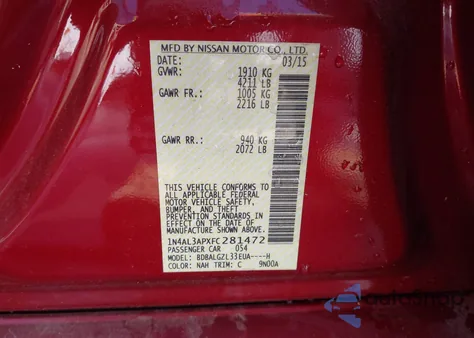 2015 Nissan Altima 2.5 S z USA, uszkodzony, nr VIN 1N4AL3APXFC281472